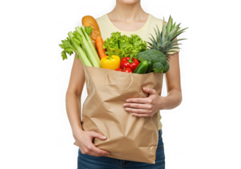 Woman holding a paper bag filled with fresh produce items on transparent background