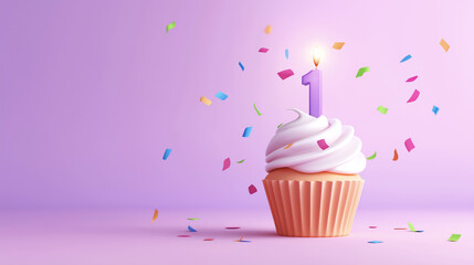 Cupcake with lit candle number one celebrating a first birthday or anniversary, with colorful confetti falling on a pastel purple background
