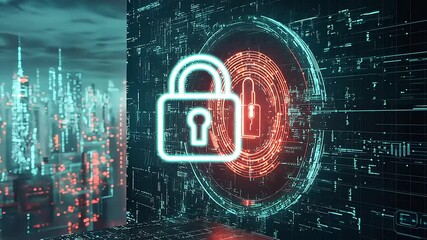 Futuristic digital cityscape with a glowing padlock symbolizing cybersecurity and data protection - Powered by Adobe