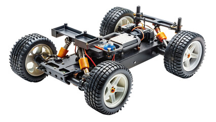 Detailed view of a highperformance remote control offroad buggy chassis, isolated on transparent background