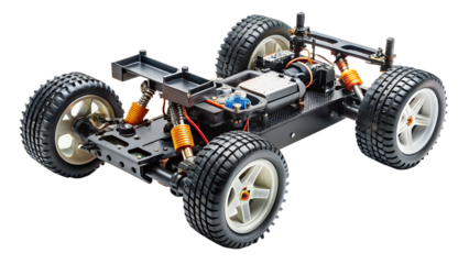 Detailed view of a highperformance remote control offroad buggy chassis, isolated on transparent background