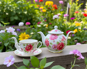 Fototapeta premium Floral Teapot and Teacup Set on a Terrace with a Flower Garden