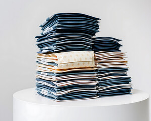 Stacks of folded fabric items displayed on a white surface