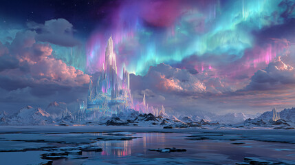 Enchanting fantasy illustration depicting an ice kingdom with majestic crystal towers beneath colorful aurora lights. Perfect backdrop for fantasy games, animations, storytelling, or magical-themed DP
