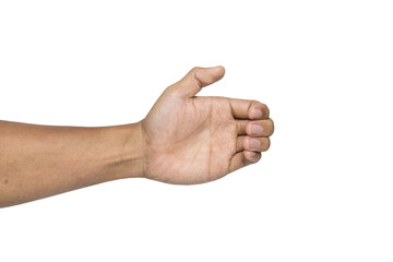 male hand showing empty open palm hand grabbing or holding something isolated on white background....