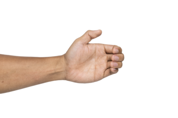 male hand showing empty open palm hand grabbing or holding something isolated on white background. use for placing a product. transparent png