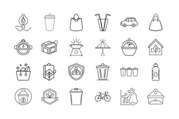 Eco Habits and Sustainable Living Icon Set – Minimal Line Icons for Green Lifestyle, Zero Waste, Recycling, and Eco-Friendly Practices