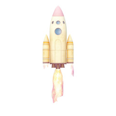 Obraz premium Cute cartoon rocket ship launching with fire and smoke in sky, colorful space vehicle illustration