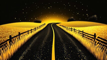 Golden road through a golden field at night