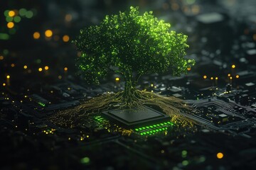 A vibrant, glowing green tree, its roots intertwined with a circuit board, sits atop a complex network of interconnected pathways.  City lights are visible in the background, soft and blurred