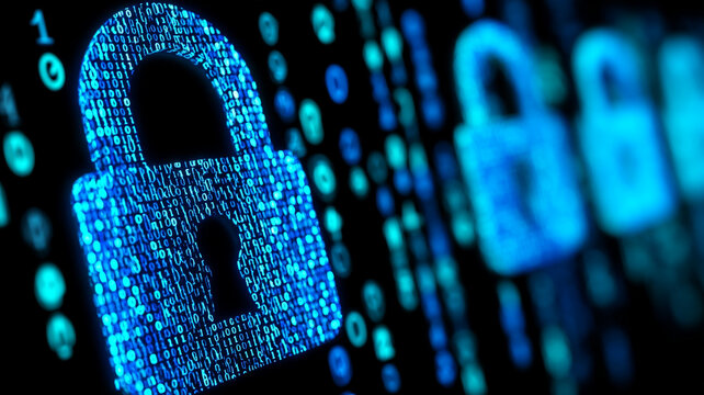 Digital lock icons in a row showing a secure and protected network. They are lit with digital numbers.