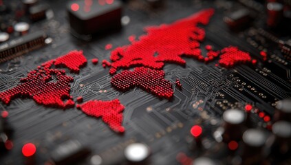 A detailed close-up of a circuit board depicting a world map formed by numerous small, red, illuminated components