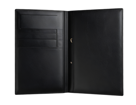 Minimalist Black Leather Binding Folder Mockup, Top View, Transparent PNG