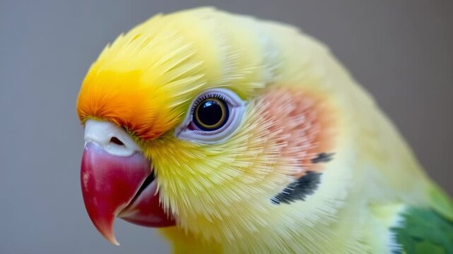 Closeup portrait of a vibrant yellow and green lovebird parrot with an orange face