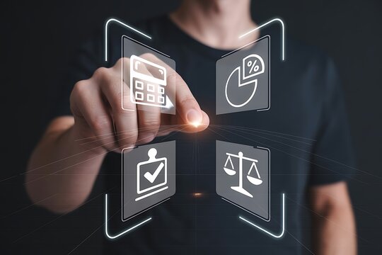 Person touching digital interface with financial and legal icons hand finger