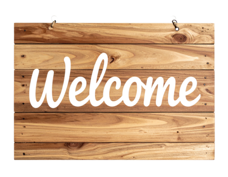 Rustic Wooden Welcome Sign with Hand Painted Letters isolated on transparent background PNG - Powered by Adobe