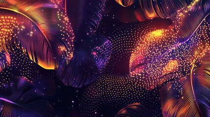 Abstract digital art with vibrant leaves and glowing shapes