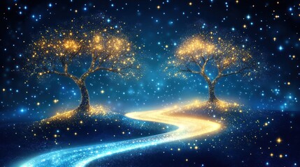 Magical night path with glowing trees