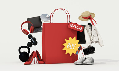 Red shopping bag with SALE and BUY tags, filled with lifestyle and fashion items. Perfect for online promotions. 3d rendering.