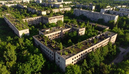 Aerial view of abandoned city buildings overgrown with vegetation