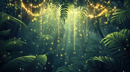 Lush jungle illuminated by glowing strings