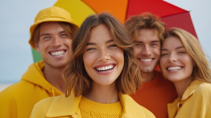 Obraz premium Laughing friends in colorful outfits at the beach joyful lifestyle portrait