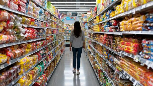 Grocery Shopping: A shopper strolls down the aisles of a supermarket. Rows upon rows of products are stacked on shelves, a symphony of color and texture