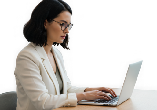 Woman with glasses typing on laptop in a bright environment on transparent background