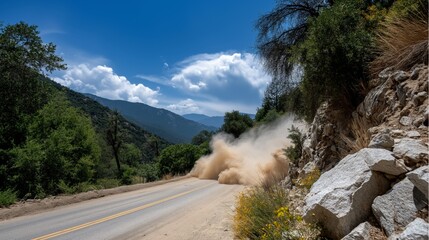 Dust cloud rises from a vehicle driving on a winding road through a mountainous landscape, showcasing the beauty of nature and adventure in a serene environment