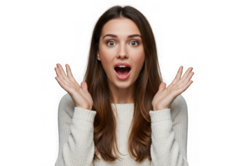 Woman with open mouth and hands up in a gesture of surprise on transparent background