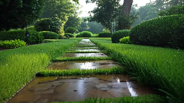 A pathway of wet, brown stone slabs winds through a lush green garden. Dew-kissed grass lines the path, creating a serene and tranquil atmosphere.  The scene is bathed in soft, natural light