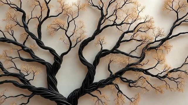 Intricate wire sculpture of a tree with intertwined branches, adorned with delicate light peach beads. The dark wire contrasts beautifully against a light textured background.  The piece evokes