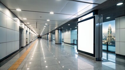 Billboard Display in Modern Hallway Under Lights for Commercial or Directional Use
