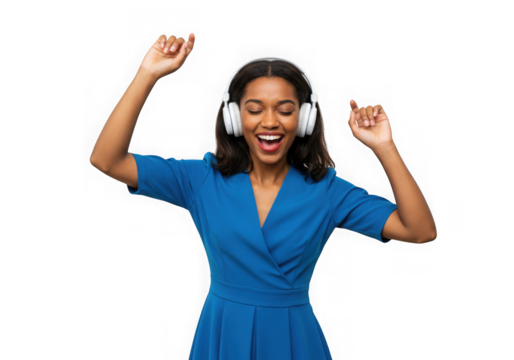 Woman in blue dress with headphones dancing with arms raised on transparent background