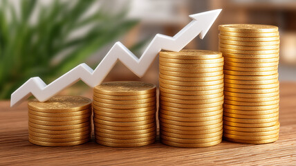 Rising stack of gold coins with increasing arrow. The arrow suggests growth and financial success