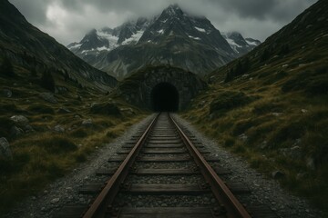 Dark mountain railway tunnel with symmetrical perspective and moody lighting