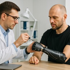 A man doctor uses a screwdriver to adjust a black bionic prosthetic arm for a man patient, AI generation concept.