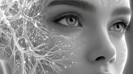 Obraz premium An artistic grayscale depiction of a woman's face with an interconnected neural network overlay