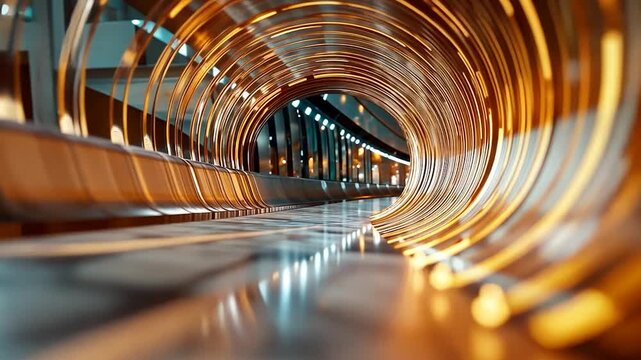 Abstract image of a swirling tunnel illuminated with warm orange and cool blue lights. The perspective is from inside the tunnel, looking towards the exit. The smooth, reflective floor adds depth and