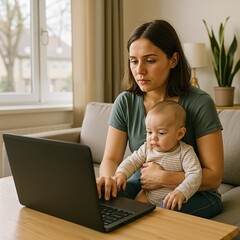 A woman sits on a sofa, holding a child while typing on a laptop, combining motherhood with remote work.