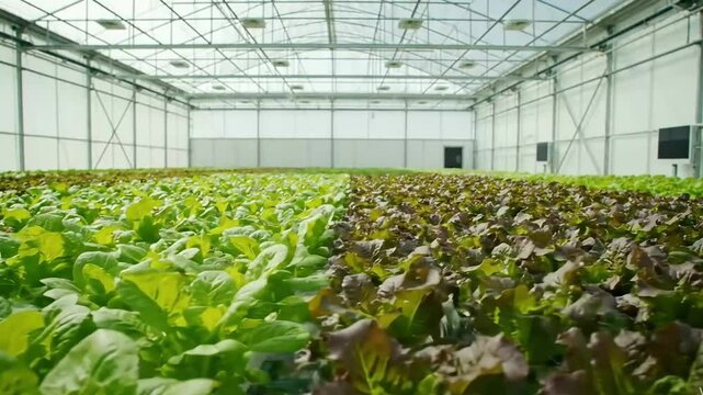 A tracking shot across rows of fresh lettuce growing in a large modern hydroponic greenhouse a perfect video for themes of agriculture and food technology