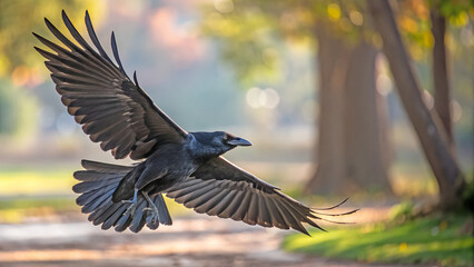 Obraz premium Jungle Crow Flying with Spread Wings and Colorful Blurred Background