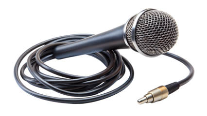 A professional microphone with a coiled cable and connector, isolated on a white background