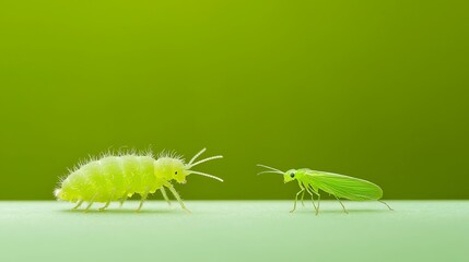 Macro view of two tiny green insects in nature
