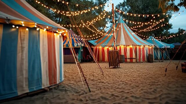 Striped circus tents illuminated by warm string lights at dusk on a sandy ground. The scene evokes a nostalgic and whimsical atmosphere