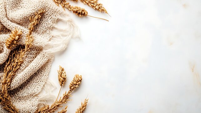 Beige knit blanket and wheat sprigs