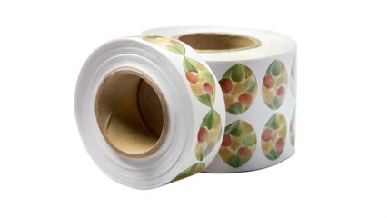Two rolls of round fruit stickers with a colorful pattern, isolated on a white background
