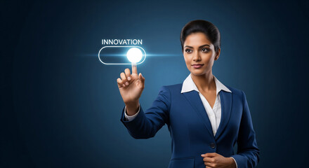 Indian businesswoman activates a glowing digital "INNOVATION" switch, symbolizing new ideas and creative breakthroughs