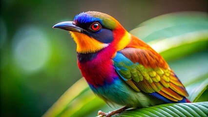Obraz premium Tropical Bird Flying with Spread Wings and Colorful Blurred Background