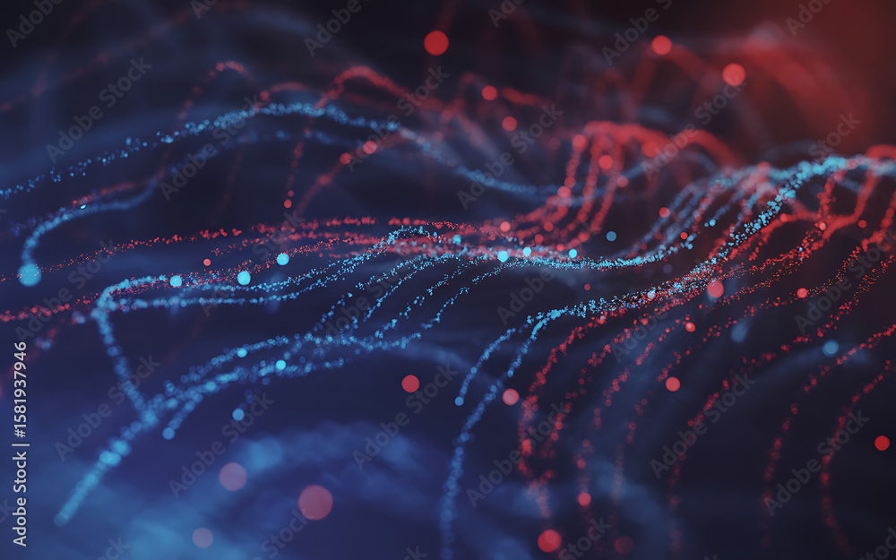 Poster digital data network with flowing lines and glowing dots forming abstract connectivity and communica